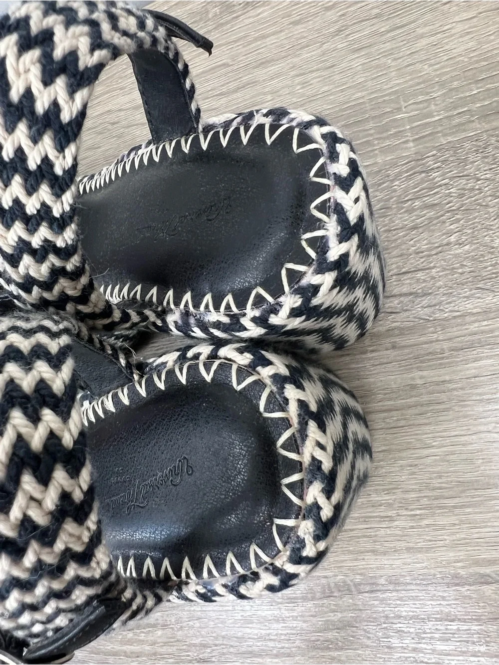 Black & White Woven Platform Block Heel Sandals Size 6.5 Ankle Strap Chevron
